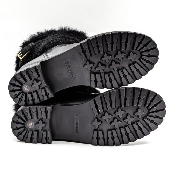 Tory Burch Women Joni Fur Cuff Buckle Logo Black Leather Mid Calf Boots size 7 - Picture 3 of 12